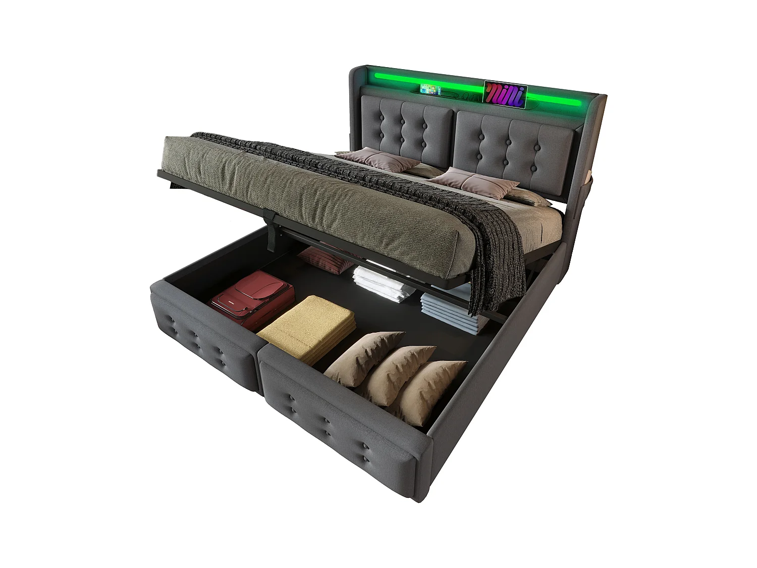 Gestoffeerd tweepersoonsbed met opbergruimte - 160 x 200 cm - Matras + Leds + Hoofdbord met USB - Massief hout en katoen - Grijs