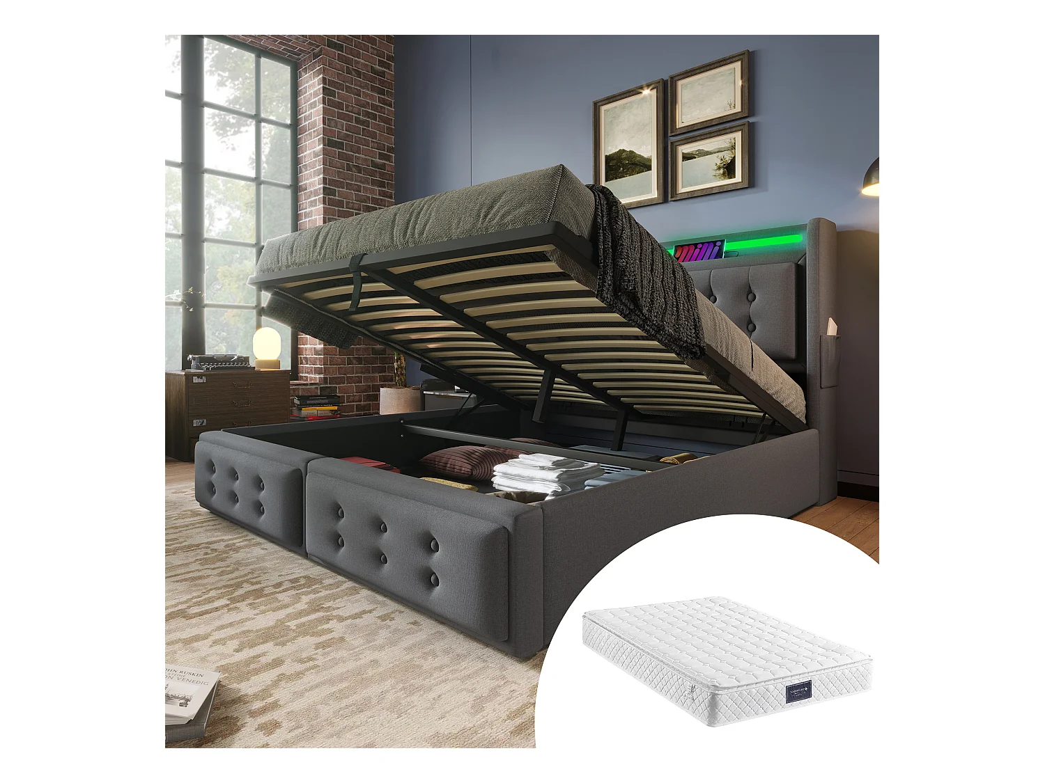 Lit coffre double rembourré - 160 x 200 cm - Matelas + Leds + Tête avec USB - Bois massif et coton - Gris