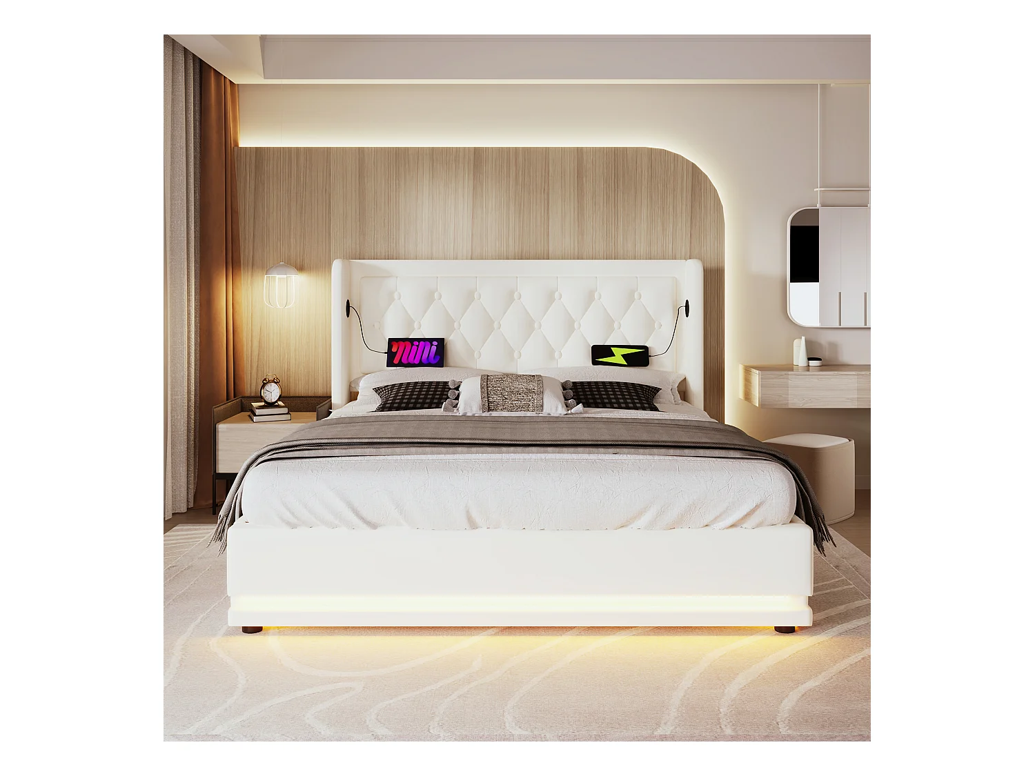 Łóżko tapicerowane podwójne ze schowkiem - 160 x 200 cm - Materac + Leds + Zagłówek z USB - Skóra PU - Biały