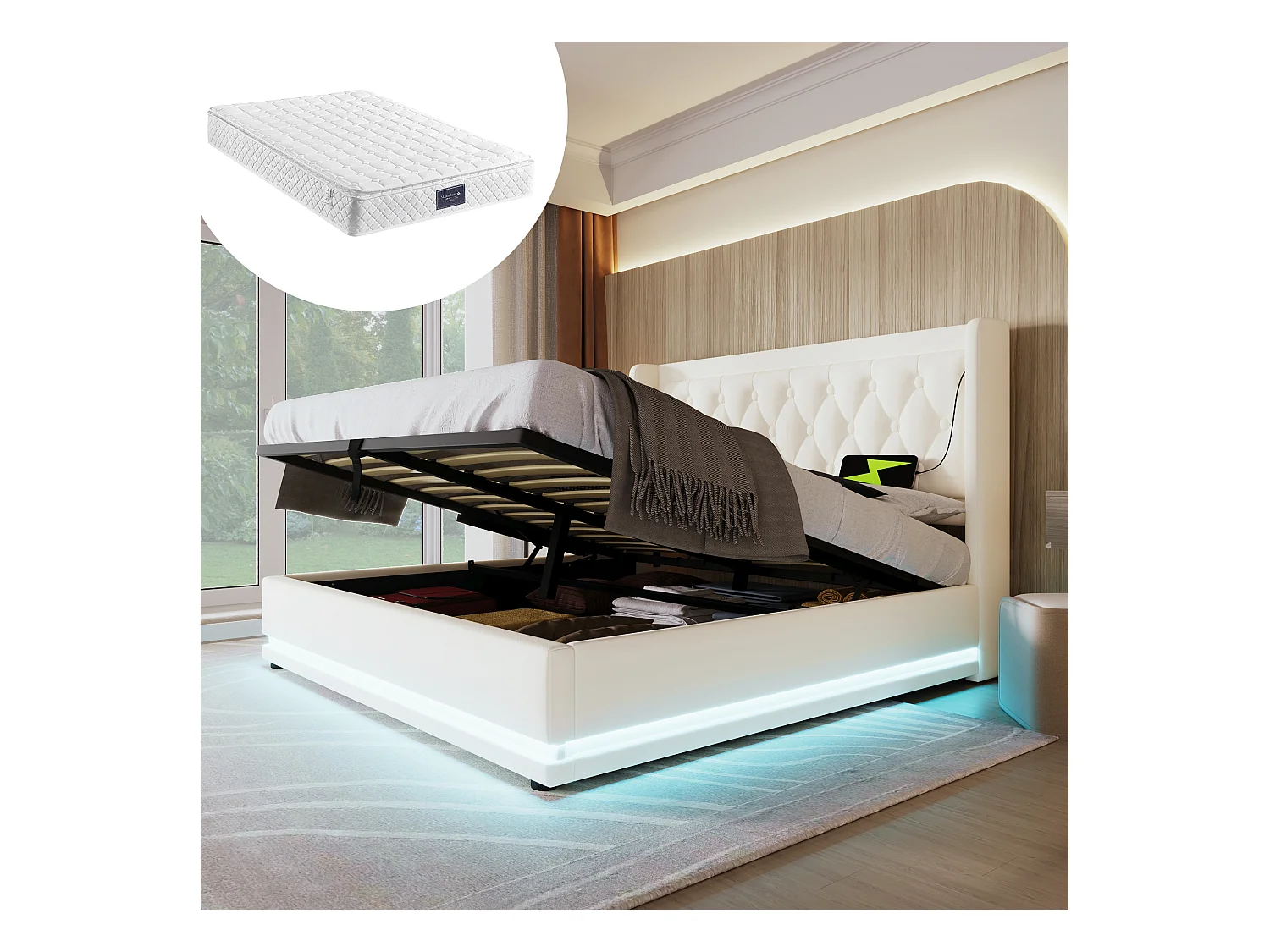 Gepolstertes Doppelbett mit Stauraum – 160 x 200 cm – Matratze + Leds + Kopfteil mit USB – PU-Ledser – Weiß