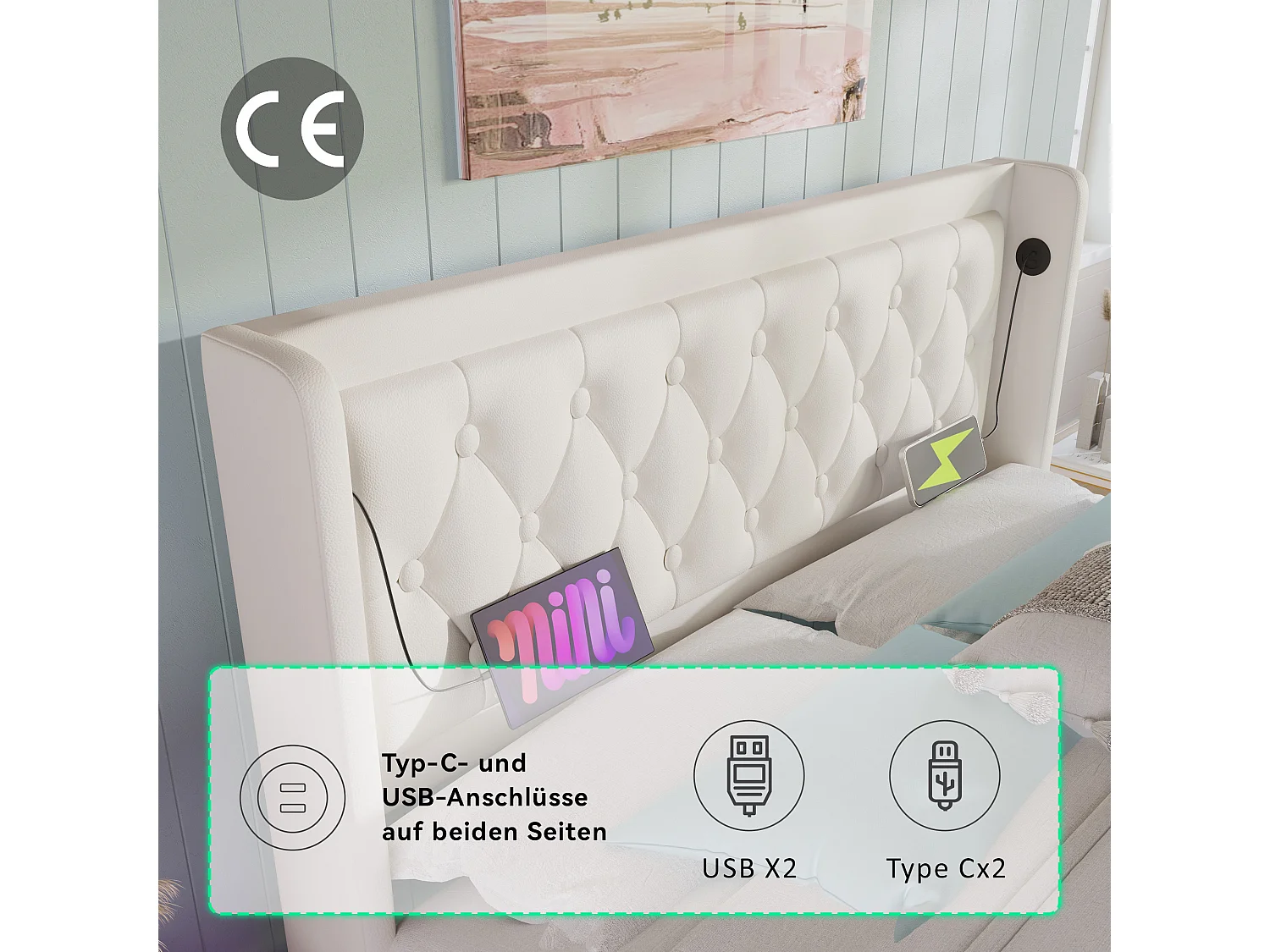 Lit coffre double rembourré - 160 x 200 cm - Matelas + Leds + Tête avec USB - Cuir PU - Blanc