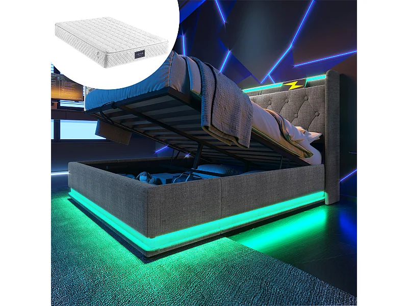 Gepolstertes Doppelbett mit Stauraum - 160 x 200 cm - Matratze + Leds + Kopfteil mit USB - Leinenstoff - Grau