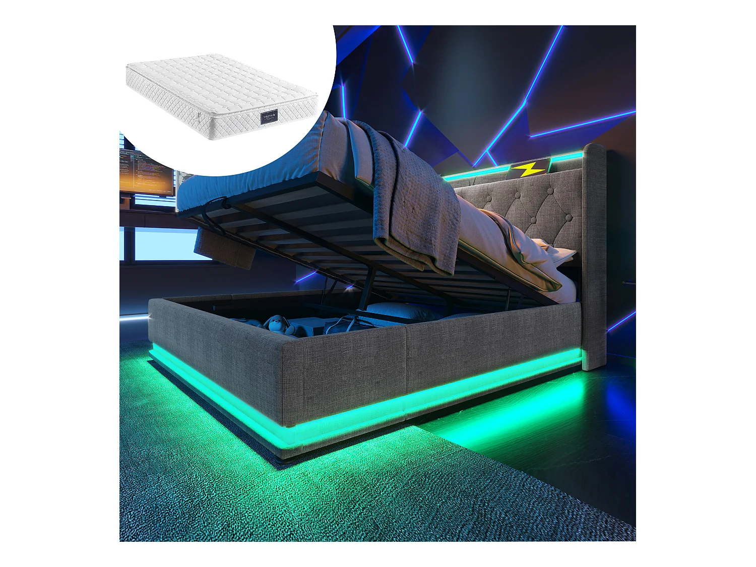 Gestoffeerd tweepersoonsbed met opbergruimte - 160 x 200 cm - Matras + Leds + Hoofdbord met USB - Linnen stof - Grijs