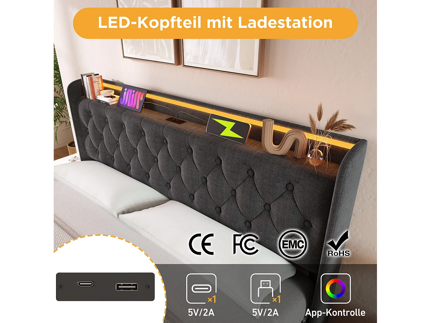 Lit coffre double rembourré - 160 x 200 cm - Matelas + Leds + Tête avec USB - Tissu lin - Gris