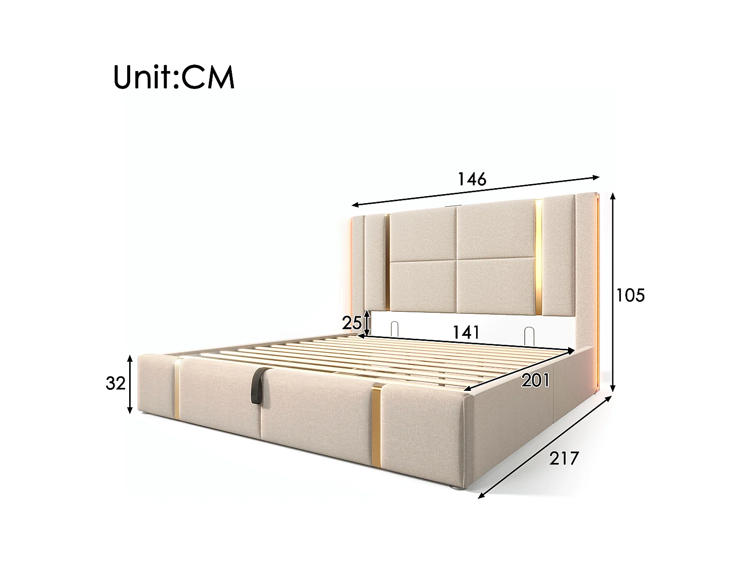 Lit coffre double rembourré - 140 x 200 cm - Matelas + Leds + Tête avec USB - Tissu lin - Beige
