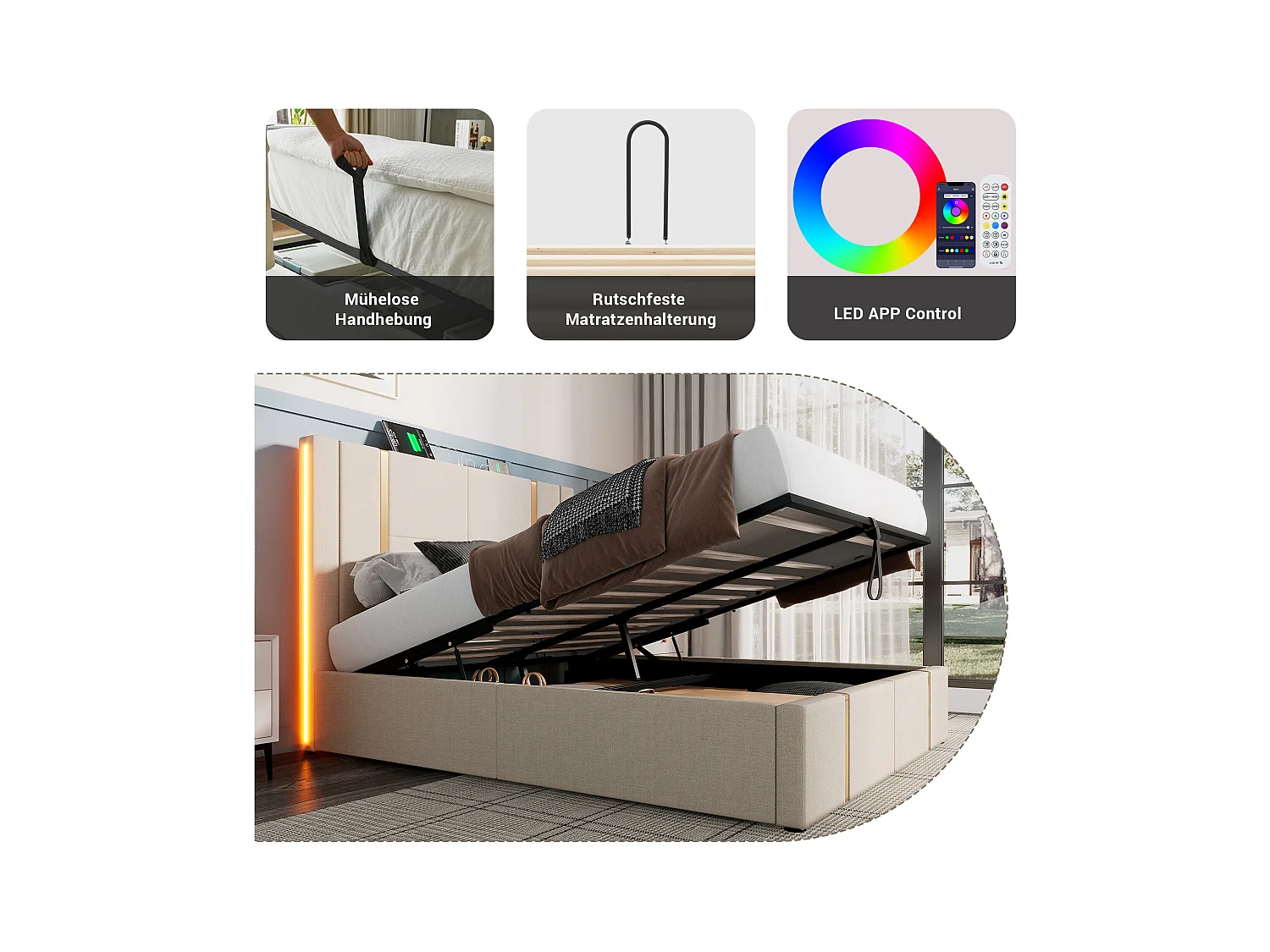 Lit coffre double rembourré - 140 x 200 cm - Matelas + Leds + Tête avec USB - Tissu lin - Beige