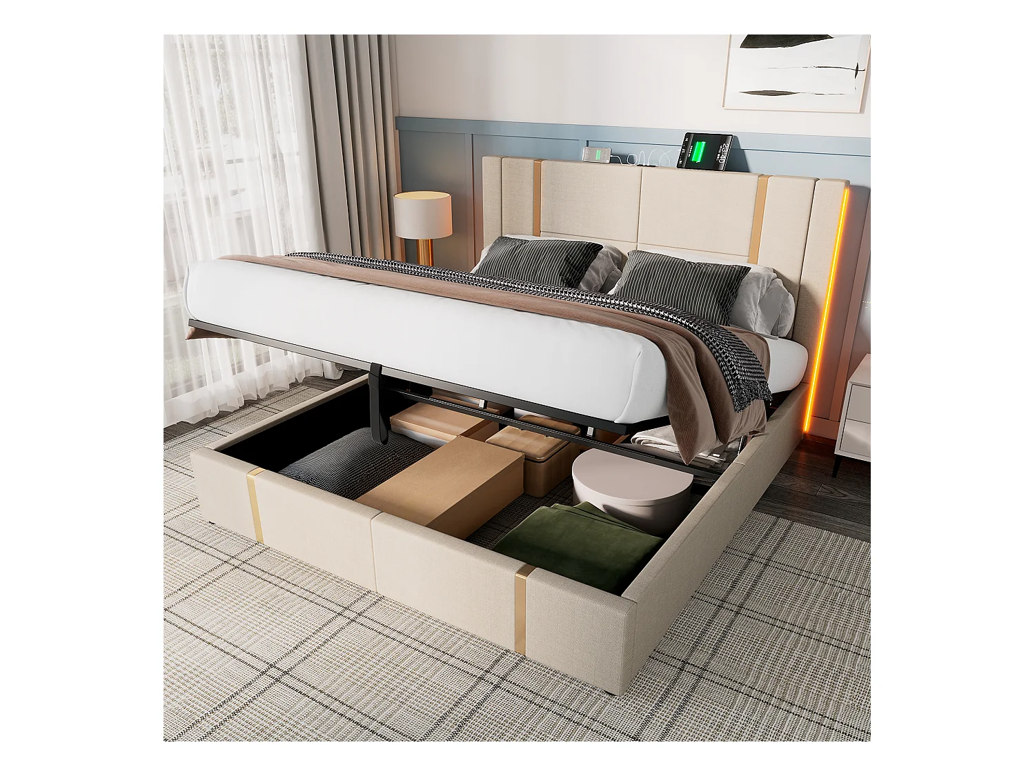 Lit coffre double rembourré - 140 x 200 cm - Matelas + Leds + Tête avec USB - Tissu lin - Beige