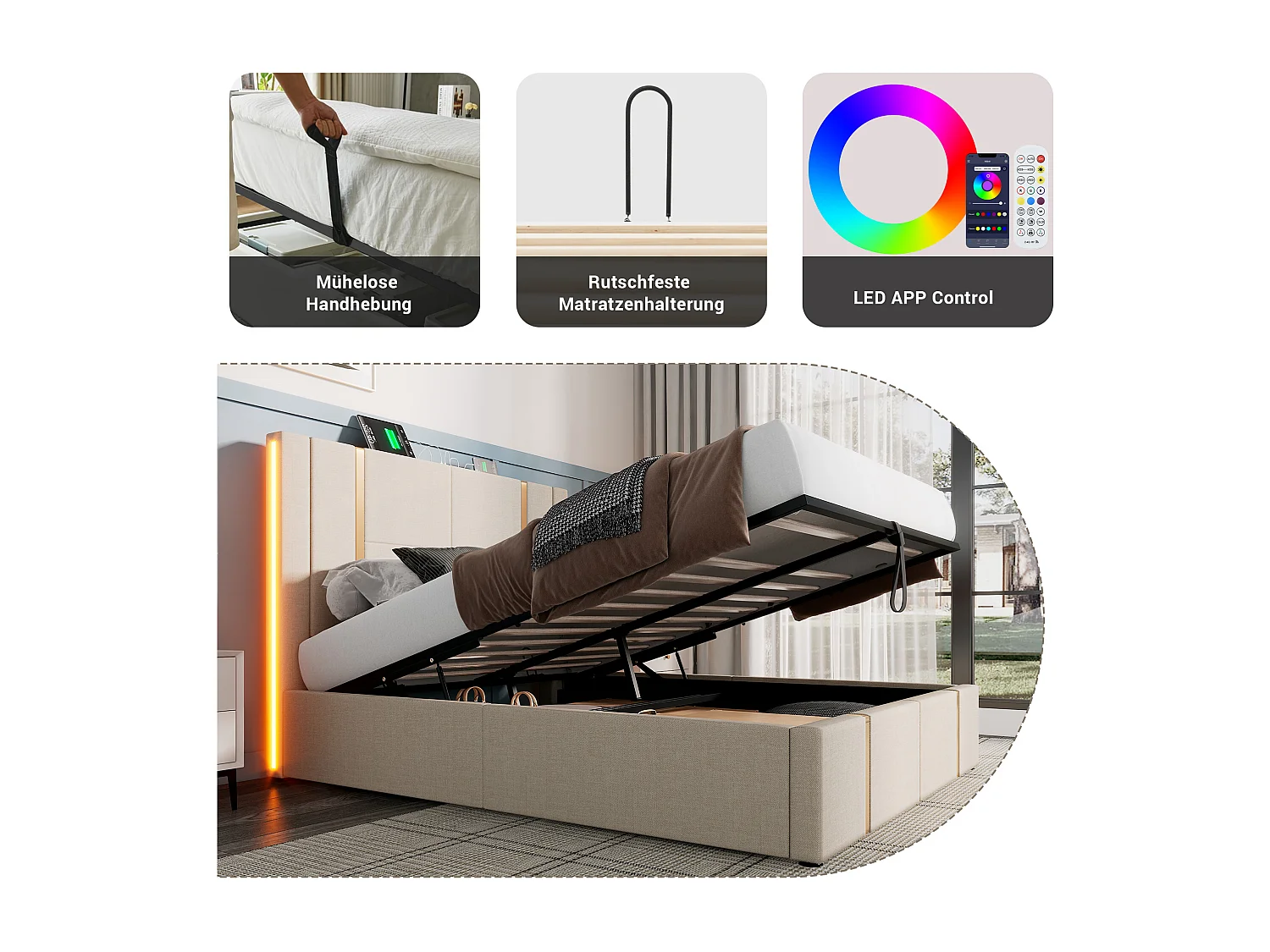 Lit coffre double rembourré - 140 x 200 cm - Matelas + Leds + Tête avec USB - Tissu lin - Beige