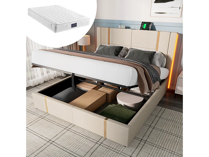 Łóżko tapicerowane dwuosobowe ze schowkiem - 140 x 200 cm - Materac + Leds + Zagłówek z USB - Tkanina lniana - Beżowy