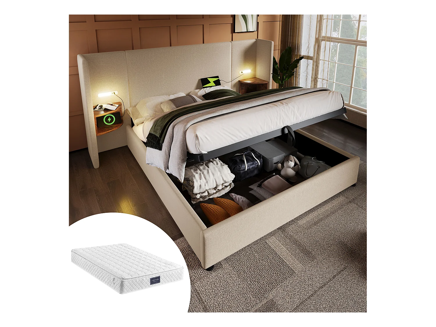 Gepolstertes Doppelbett mit Stauraum - 160 x 200 cm - Nachttisch + Matratze - Massivholz und Leinenstoff - Beige