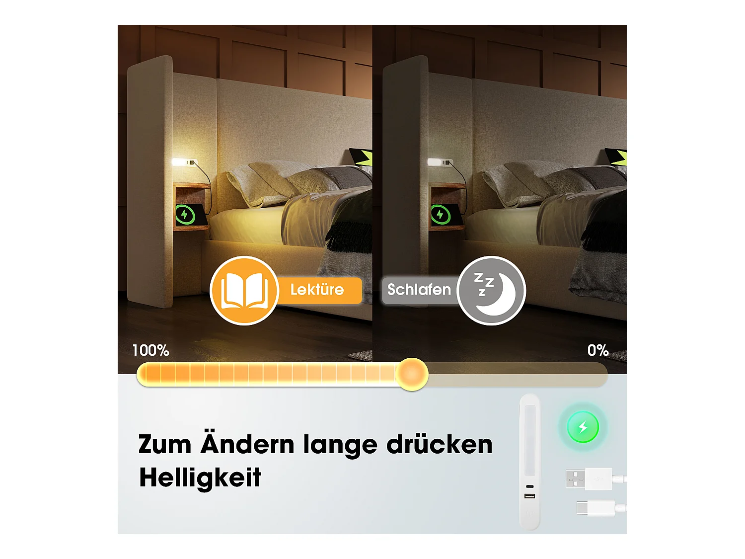 Gepolstertes Doppelbett mit Stauraum - 160 x 200 cm - Nachttisch + Matratze - Massivholz und Leinenstoff - Beige