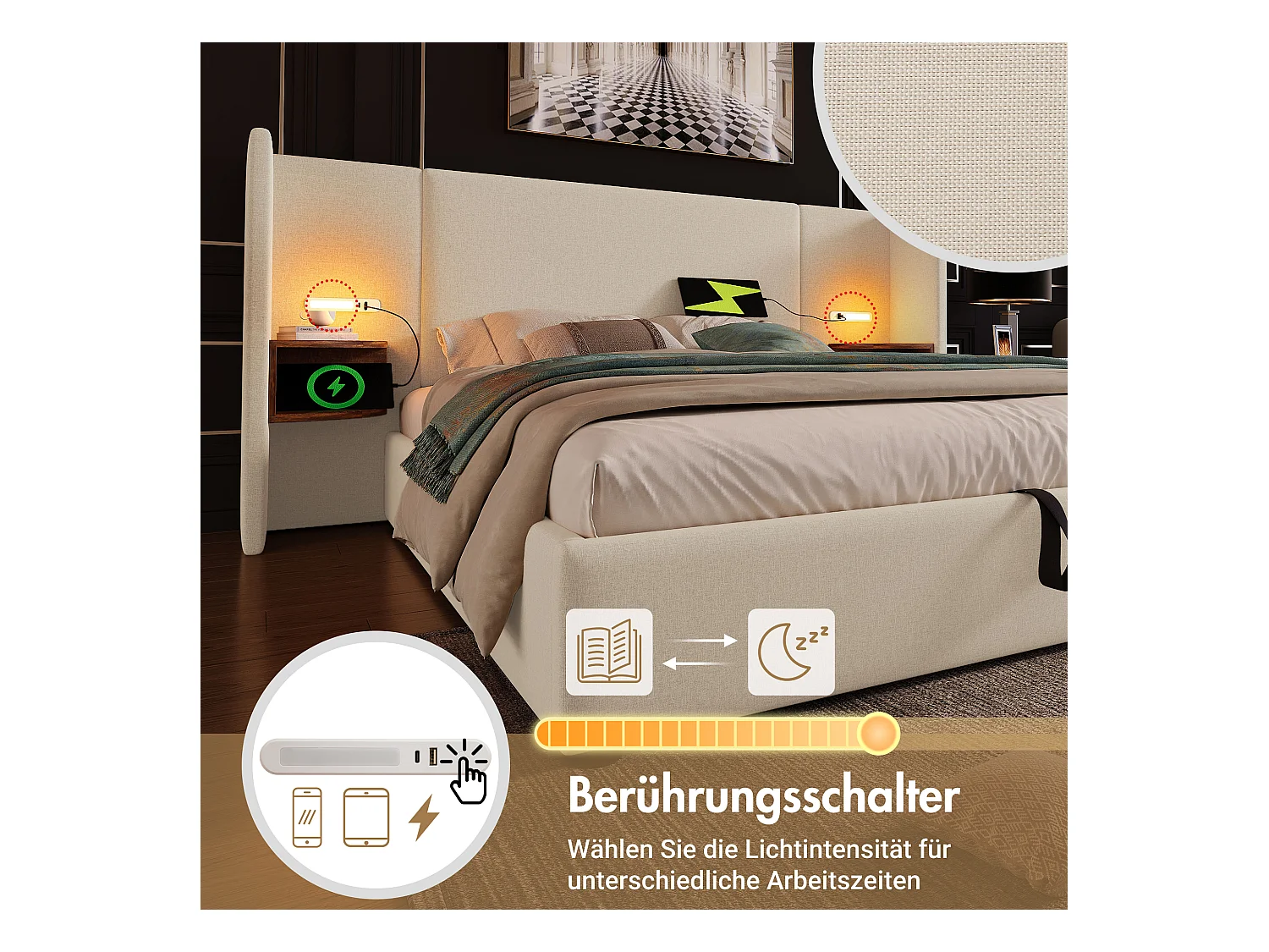 Gepolstertes Doppelbett mit Stauraum - 160 x 200 cm - Nachttisch + Matratze - Massivholz und Leinenstoff - Beige