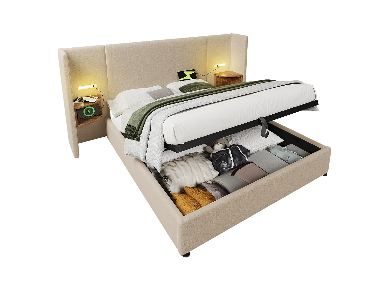 Gepolstertes Doppelbett mit Stauraum - 160 x 200 cm - Nachttisch + Matratze - Massivholz und Leinenstoff - Beige