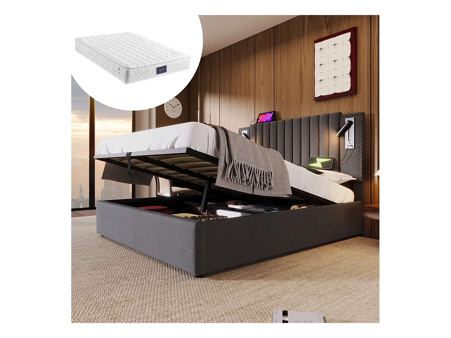 Gepolstertes Doppelbett mit Stauraum - 160 x 200 cm - Matratze + Kopfteil mit USB - Baumwollstoff - Grau