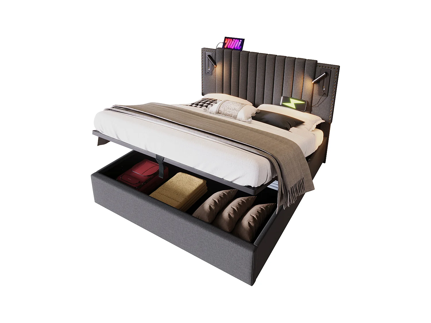 Gepolstertes Doppelbett mit Stauraum - 160 x 200 cm - Matratze + Kopfteil mit USB - Baumwollstoff - Grau