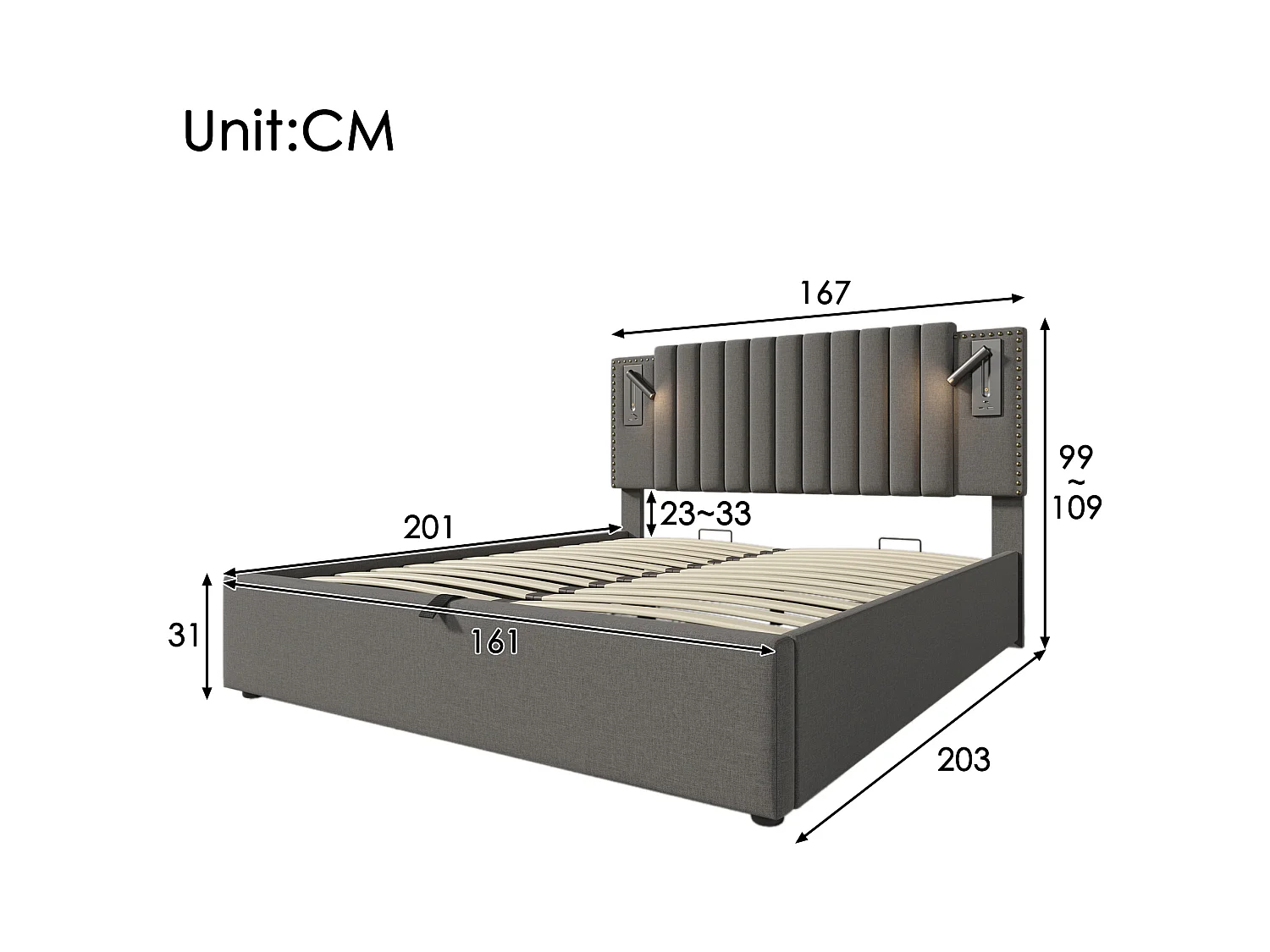 Lit coffre double rembourré - 160 x 200 cm - Matelas + Tête avec USB - Tissu coton - Gris