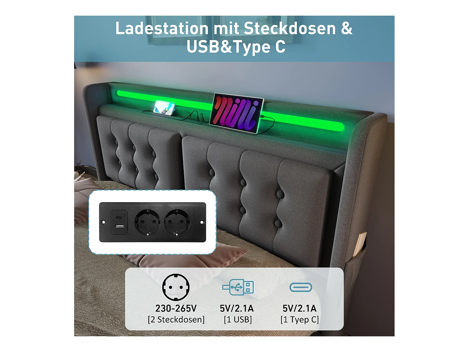 Gepolstertes Doppelbett mit Stauraum - 140 x 200 cm - Matratze + Leds + 4 Schubladen + Kopfteil mit USB - Baumwollstoff - Grau