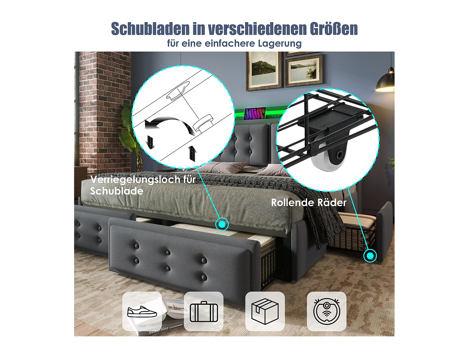 Gepolstertes Doppelbett mit Stauraum - 140 x 200 cm - Matratze + Leds + 4 Schubladen + Kopfteil mit USB - Baumwollstoff - Grau