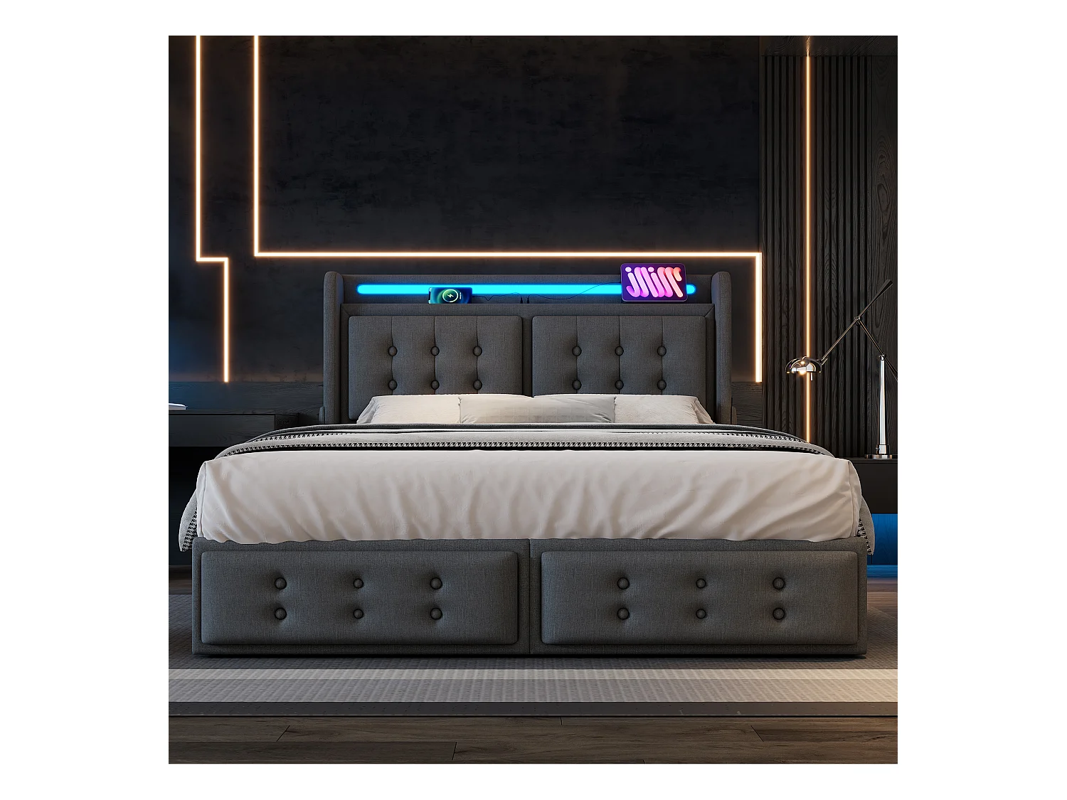 Gepolstertes Doppelbett mit Stauraum - 140 x 200 cm - Matratze + Leds + 4 Schubladen + Kopfteil mit USB - Baumwollstoff - Grau