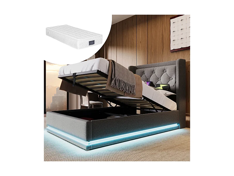 Letto contenitore imbottito per bambini - 90 x 200 cm - Materasso + Leds + Testiera con USB - Tessuto di cotone - Grigio