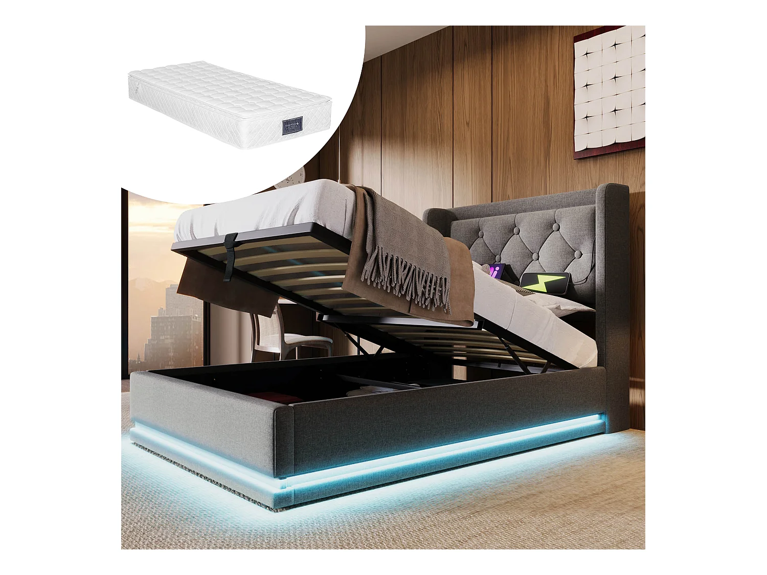 Cama infantil acolchoada com arrumação - 90 x 200 cm - Colchão + Leds + Cabeceira com USB - Tecido de algodão - Cinzento