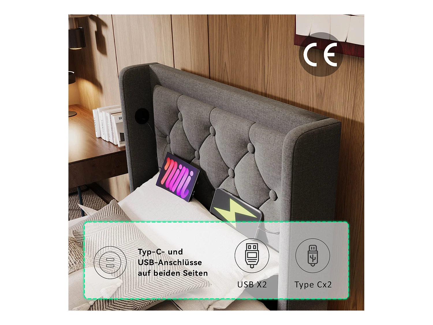 Cama infantil acolchoada com arrumação - 90 x 200 cm - Colchão + Leds + Cabeceira com USB - Tecido de algodão - Cinzento