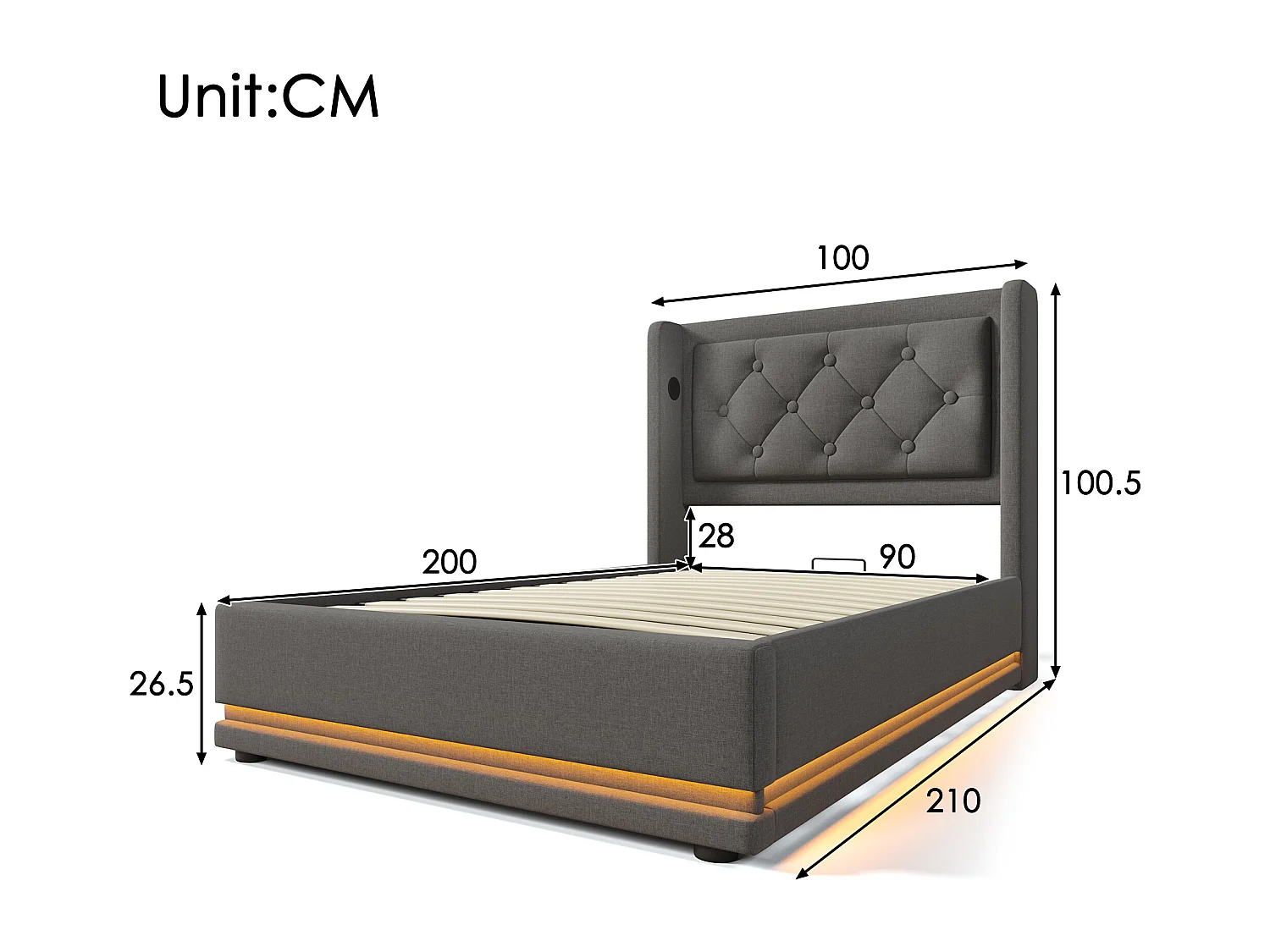 Gepolstertes Kinderbett mit Stauraum - 90 x 200 cm - Matratze + Leds + Kopfteil mit USB - Baumwollstoff - Grau
