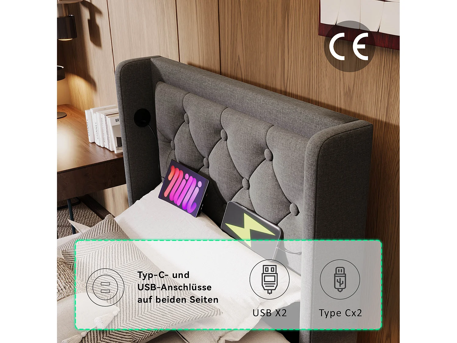 Gepolstertes Kinderbett mit Stauraum - 90 x 200 cm - Matratze + Leds + Kopfteil mit USB - Baumwollstoff - Grau