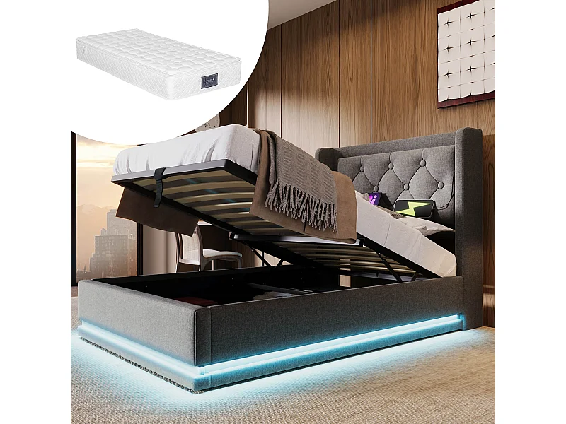 Kinderbed met opbergruimte en kussens - 90 x 200 cm - Matras + Leds + Hoofdbord met USB - Katoenen stof - Grijs