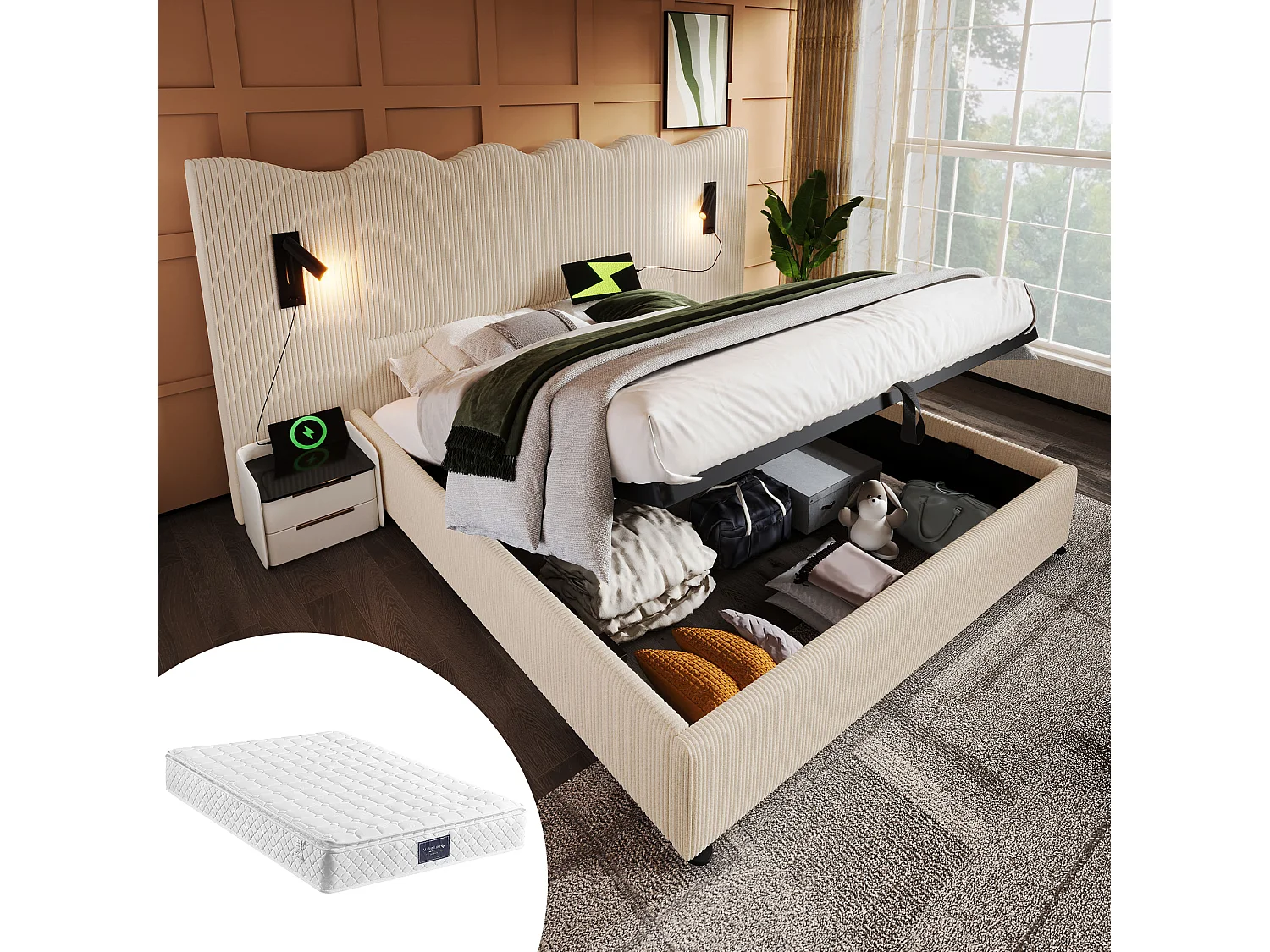 Gepolstertes Doppelbett mit Stauraum - 160 x 200 cm - Kopfteil + Matratze - Lampe und USB - Massivholz und Cord - Beige
