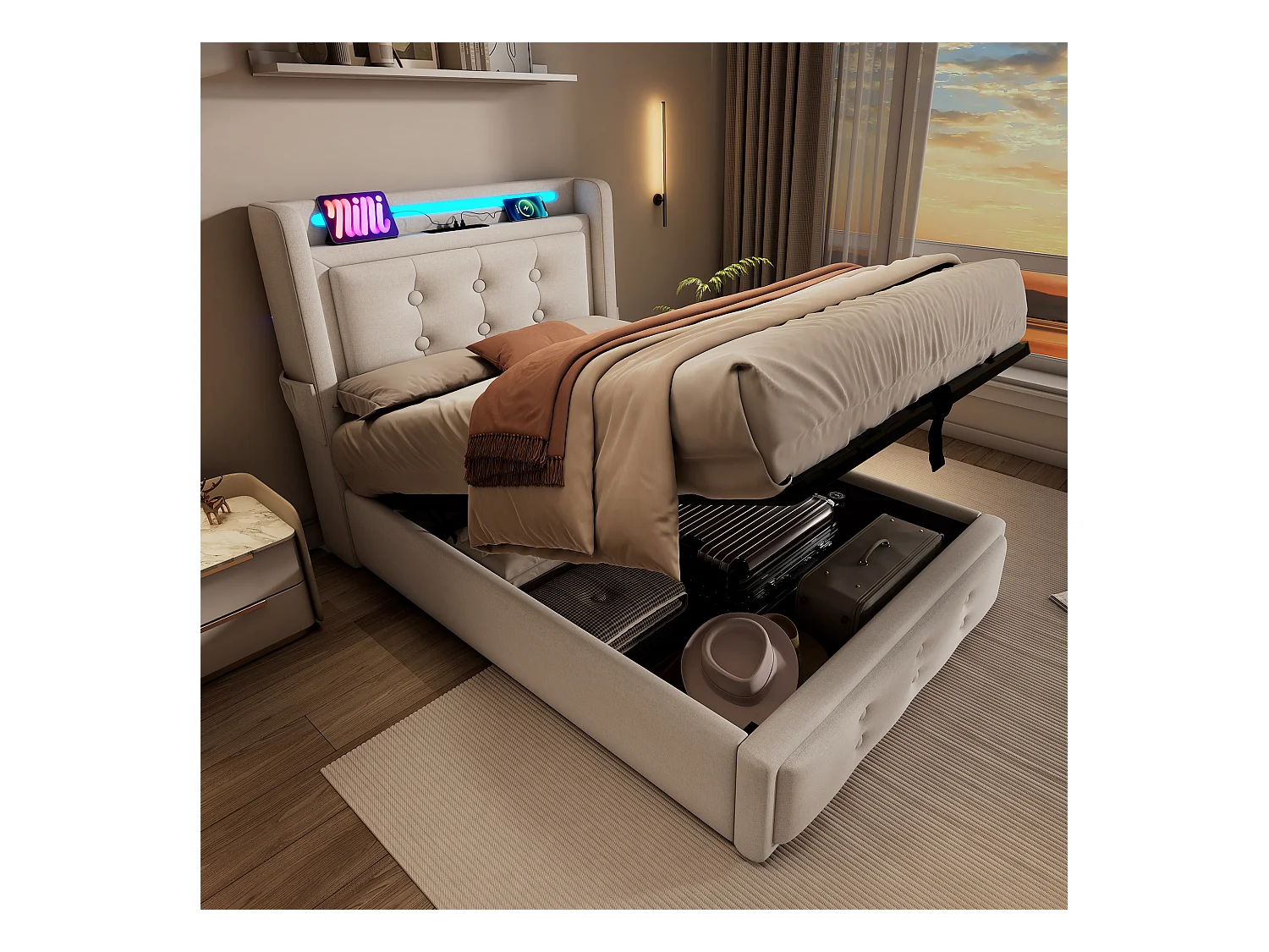 Letto contenitore imbottito per bambini - 90 x 200 cm - Materasso + Leds + Testiera con USB - Legno massello e cotone - Beige