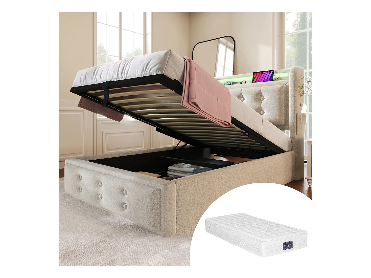 Lit coffre rembourré pour enfant - 90 x 200 cm - Matelas + Leds + Tête avec USB - Bois massif et coton - Beige