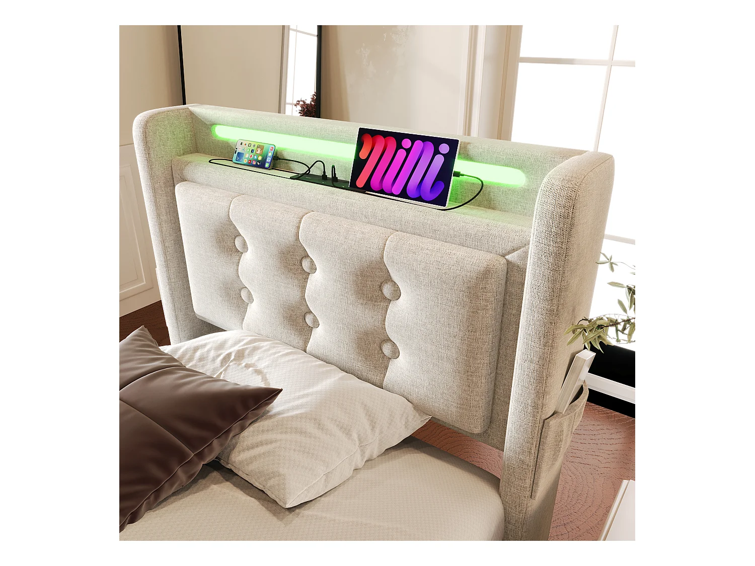 Kinder-Polsterbett mit Stauraum - 90 x 200 cm - Matratze + Leds + Kopfteil mit USB - Massivholz und Baumwolle - Beige