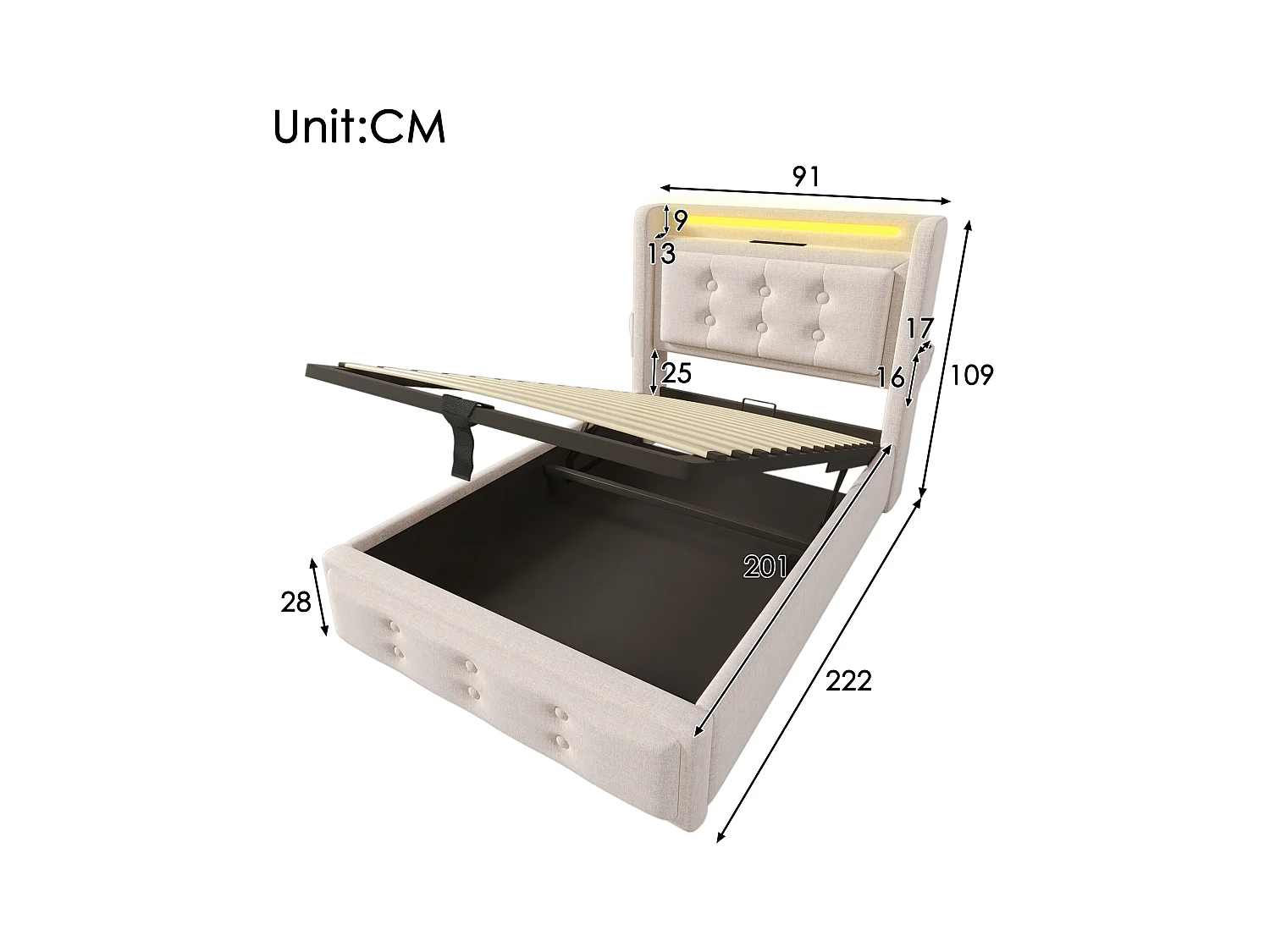 Kinder-Polsterbett mit Stauraum - 90 x 200 cm - Matratze + Leds + Kopfteil mit USB - Massivholz und Baumwolle - Beige
