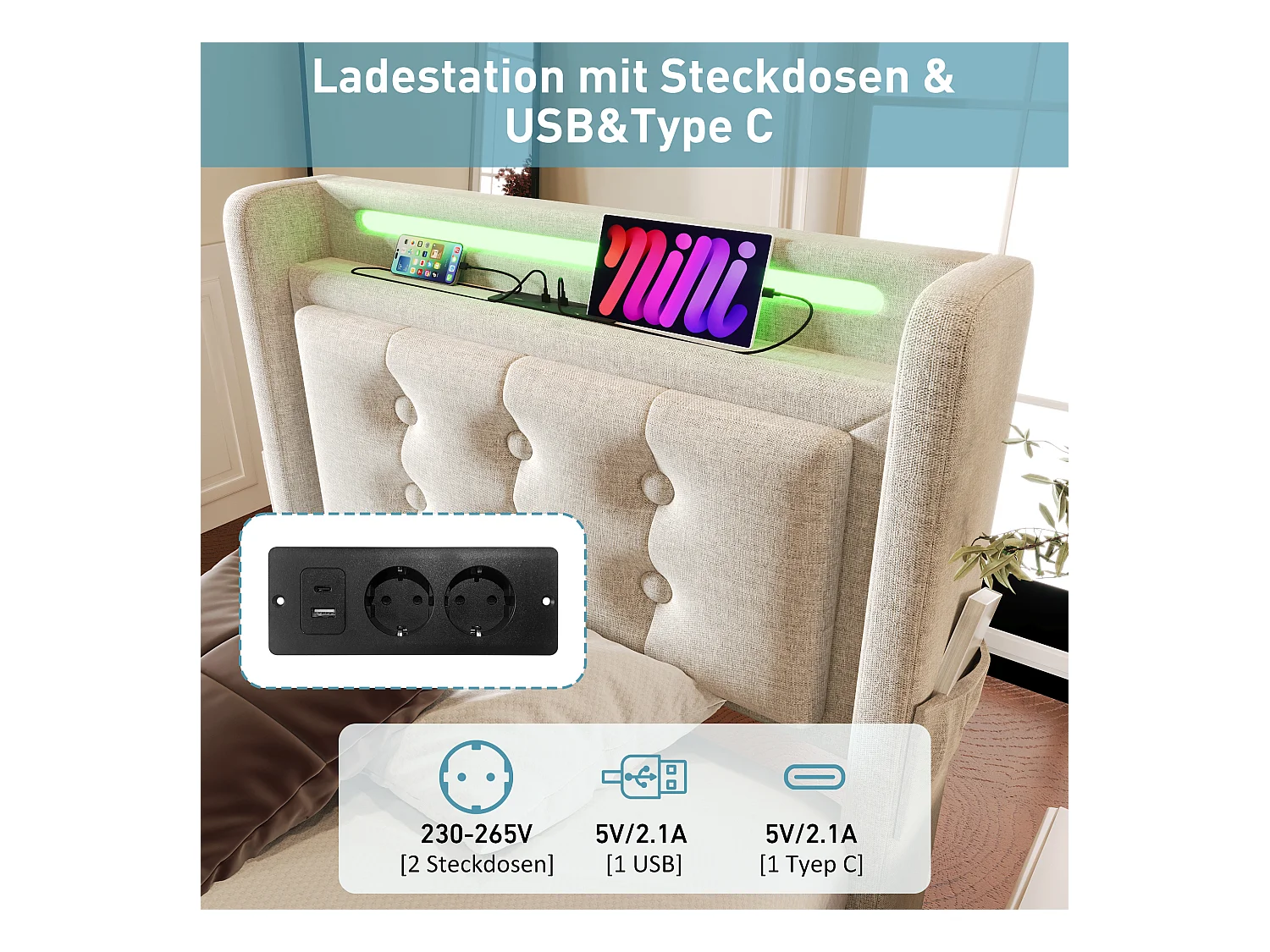 Kinder-Polsterbett mit Stauraum - 90 x 200 cm - Matratze + Leds + Kopfteil mit USB - Massivholz und Baumwolle - Beige