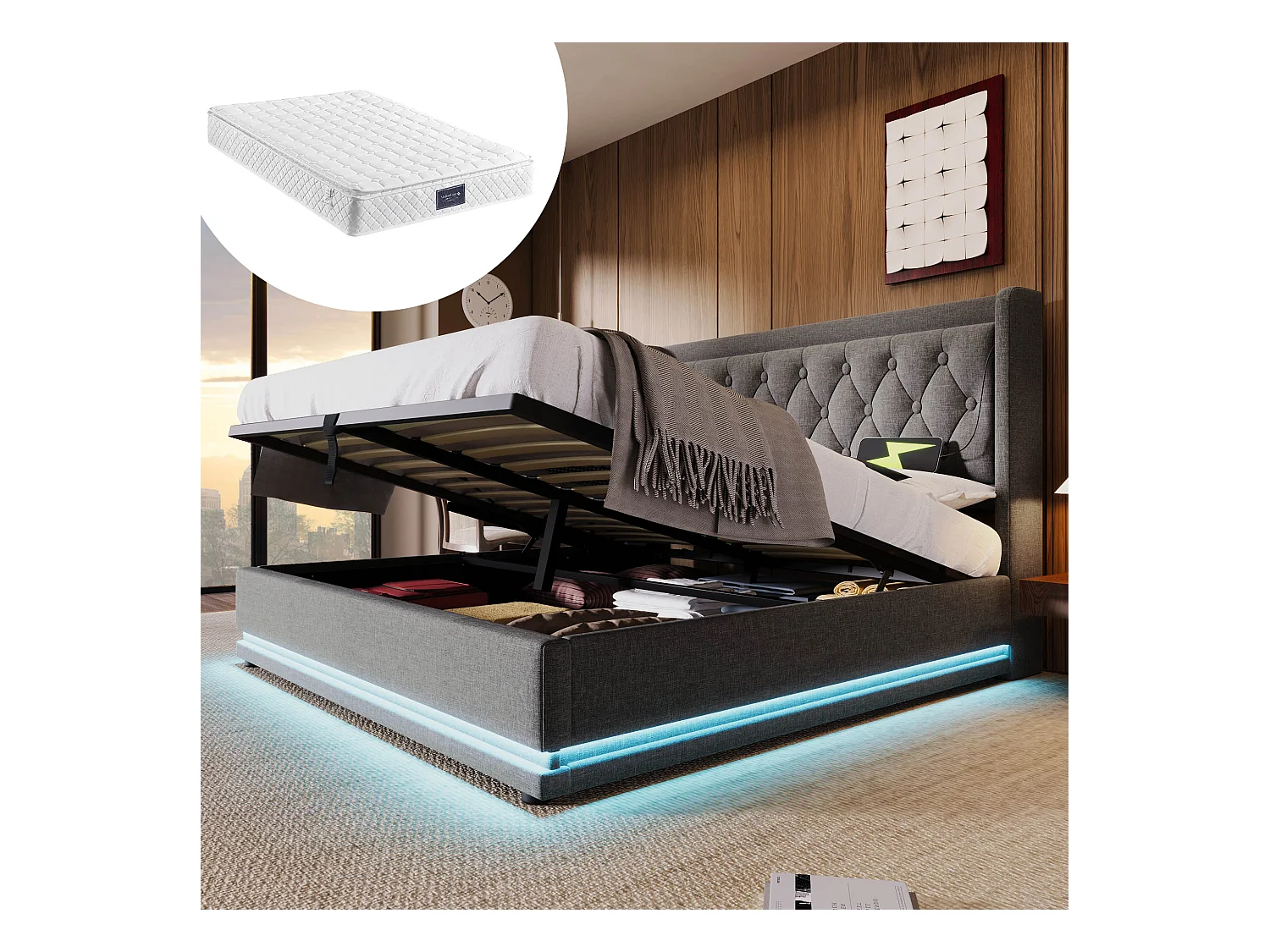 Lit coffre double rembourré - 140 x 200 cm - Matelas + Leds + Tête avec USB - Tissu coton - Gris