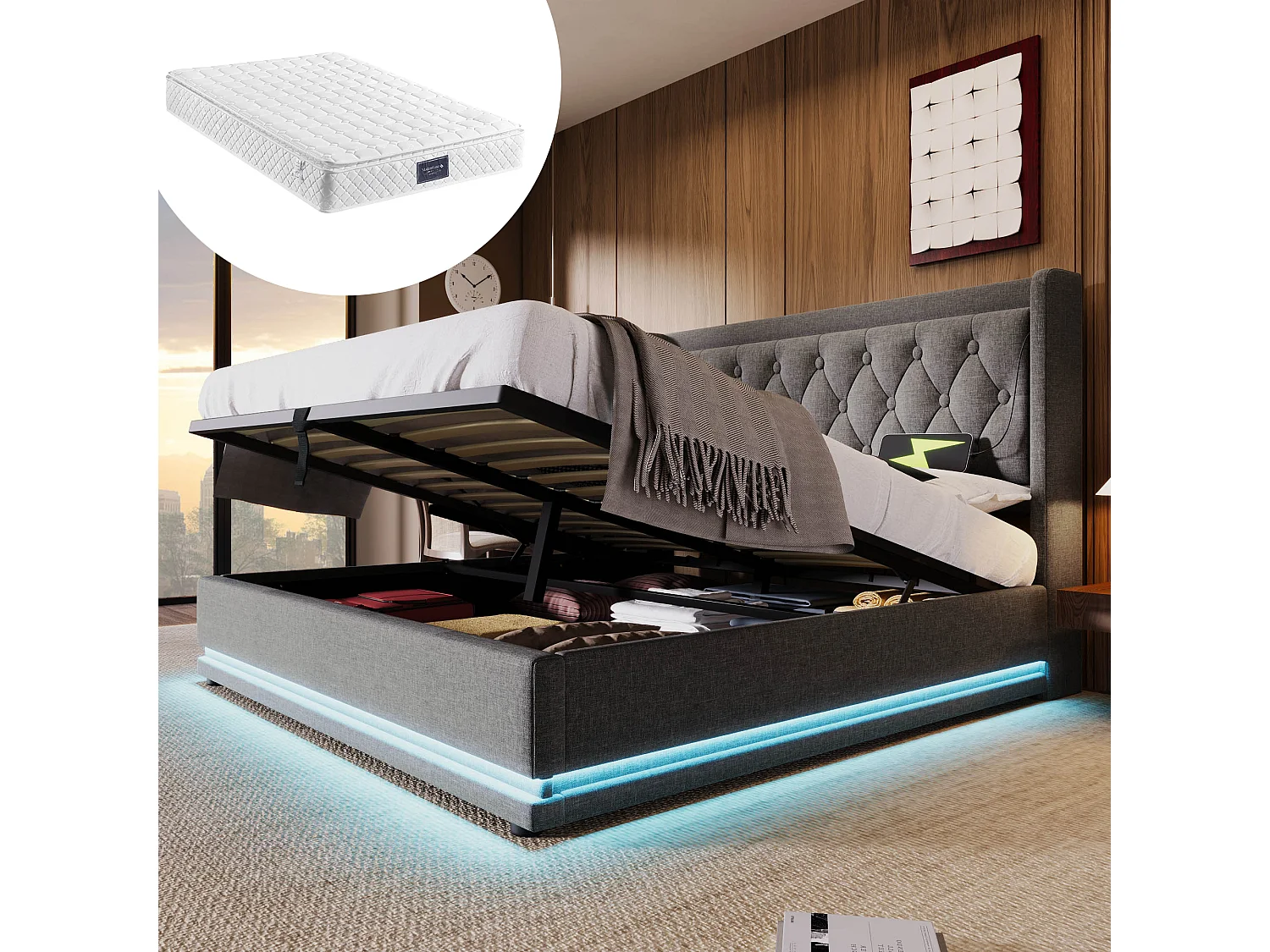 Letto contenitore matrimoniale imbottito - 140 x 200 cm - Materasso + Leds + Testiera con USB - Tessuto in cotone - Grigio