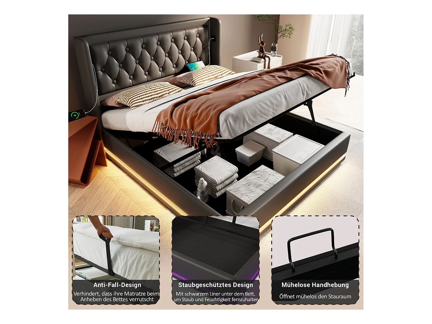 Gepolstertes Doppelbett mit Stauraum – 140 x 200 cm – Matratze + Leds + Kopfteil mit USB – PU-Ledser – Schwarz