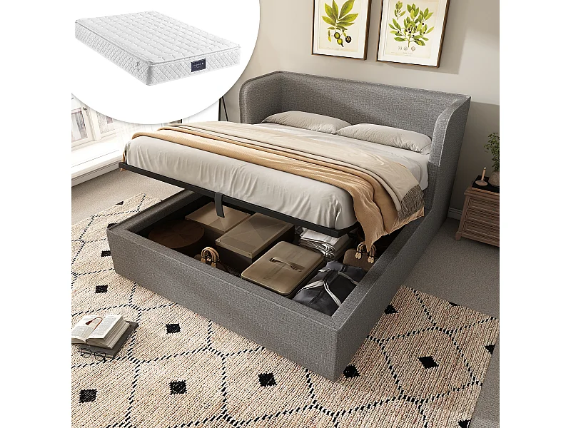Gepolstertes Doppelbett mit Stauraum – 160 x 200 cm – Kopfteil + Matratze – Massivholz und Leinenstoff – Grau
