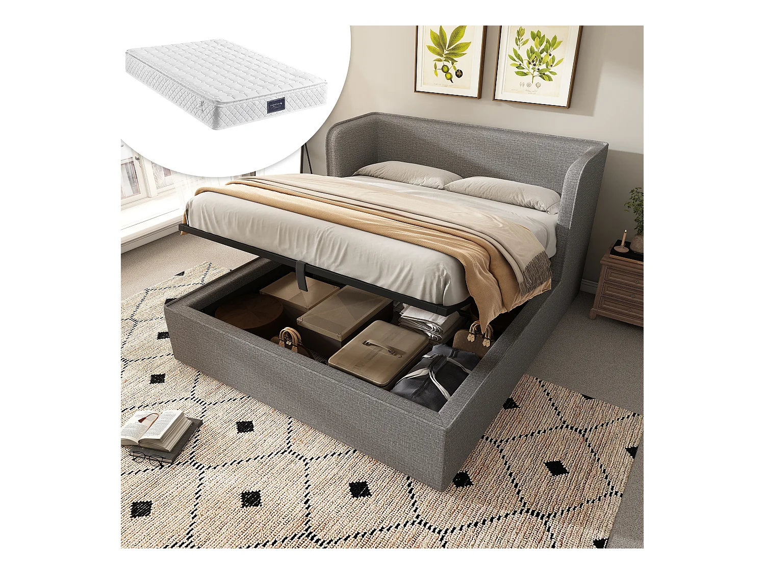 Gepolstertes Doppelbett mit Stauraum – 160 x 200 cm – Kopfteil + Matratze – Massivholz und Leinenstoff – Grau