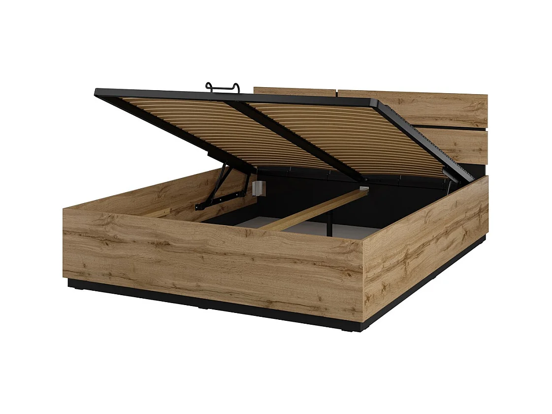 Cama HAVANA 160x200 cm carvalho e preto com baú – Estilo moderno e armazenamento inteligente