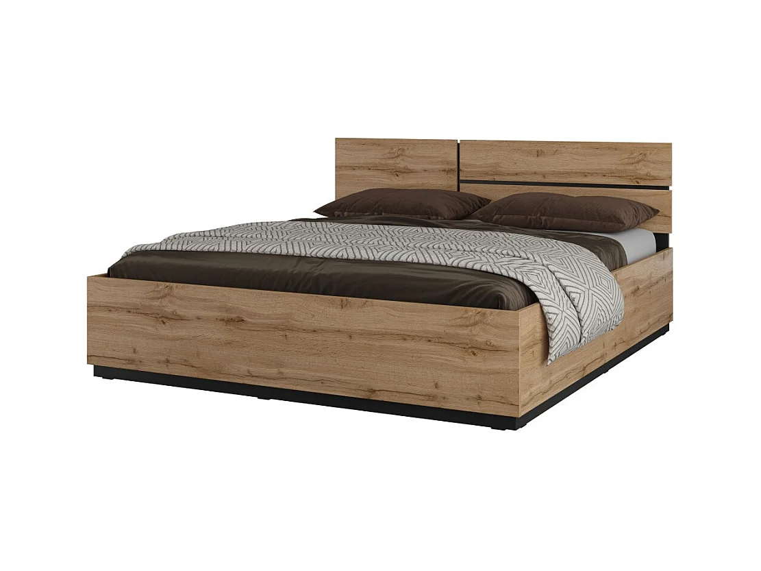 Cama HAVANA 180x200 cm roble y negro con baúl – Cama doble moderna con almacenamiento integrado