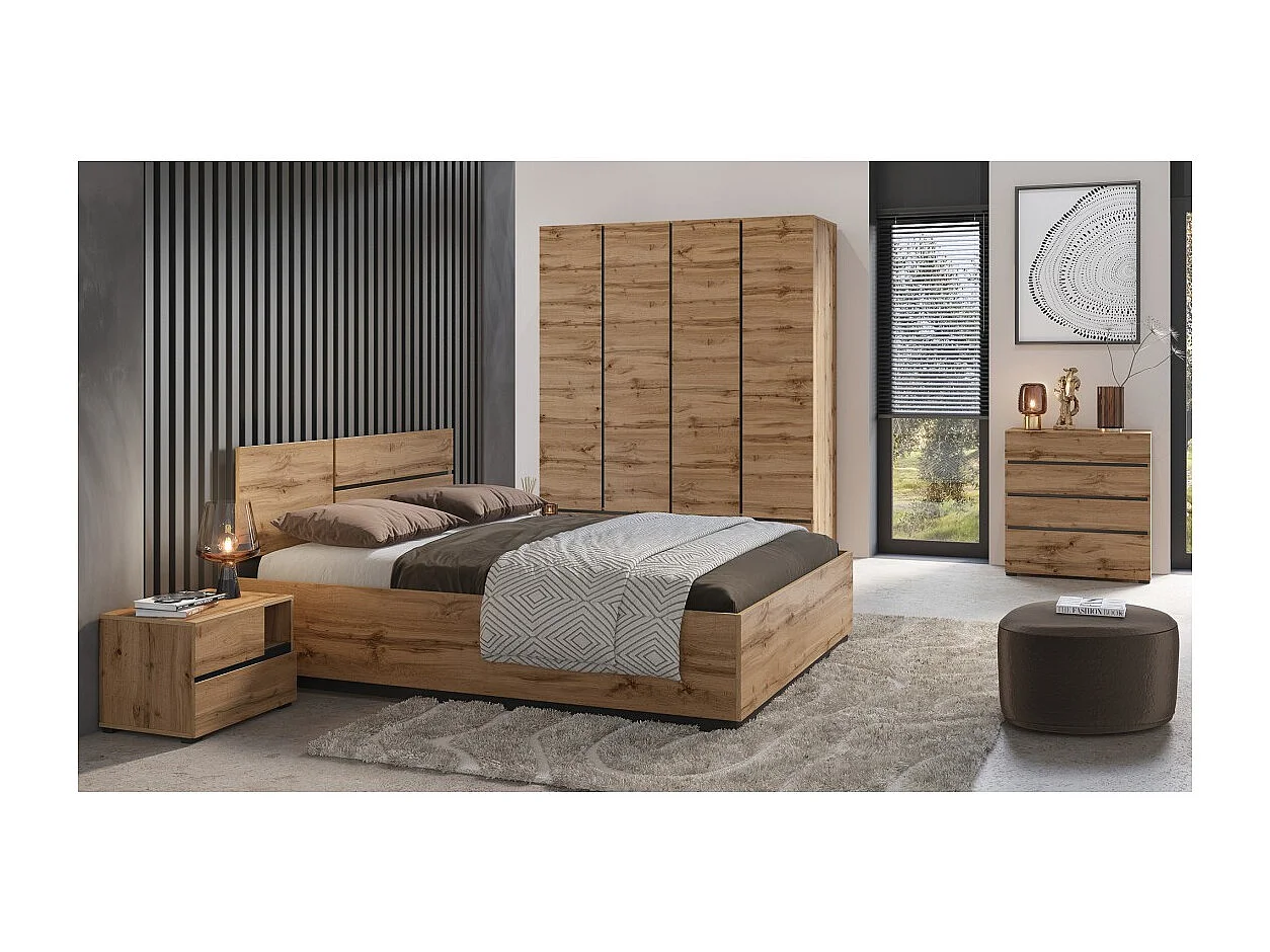 Cama HAVANA 180x200 cm roble y negro con baúl – Cama doble moderna con almacenamiento integrado