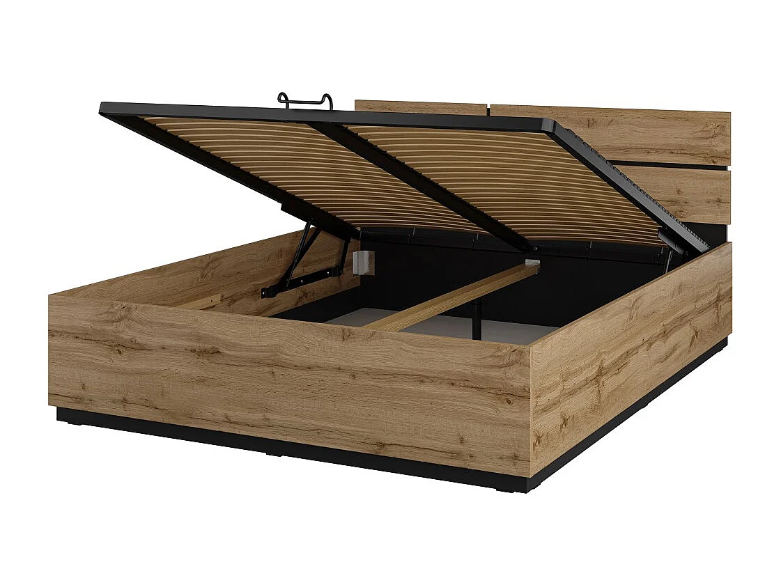 Cama HAVANA 180x200 cm roble y negro con baúl – Cama doble moderna con almacenamiento integrado
