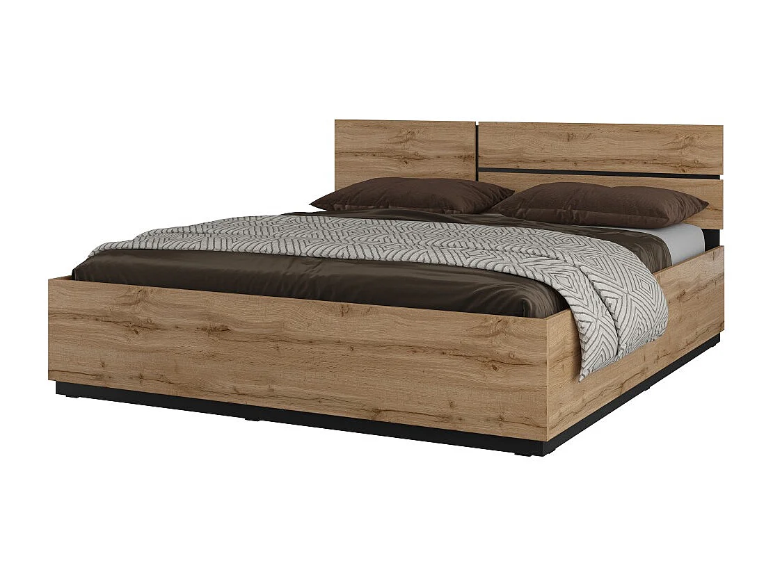 Cama HAVANA 180x200 cm roble y negro con baúl – Cama doble moderna con almacenamiento integrado