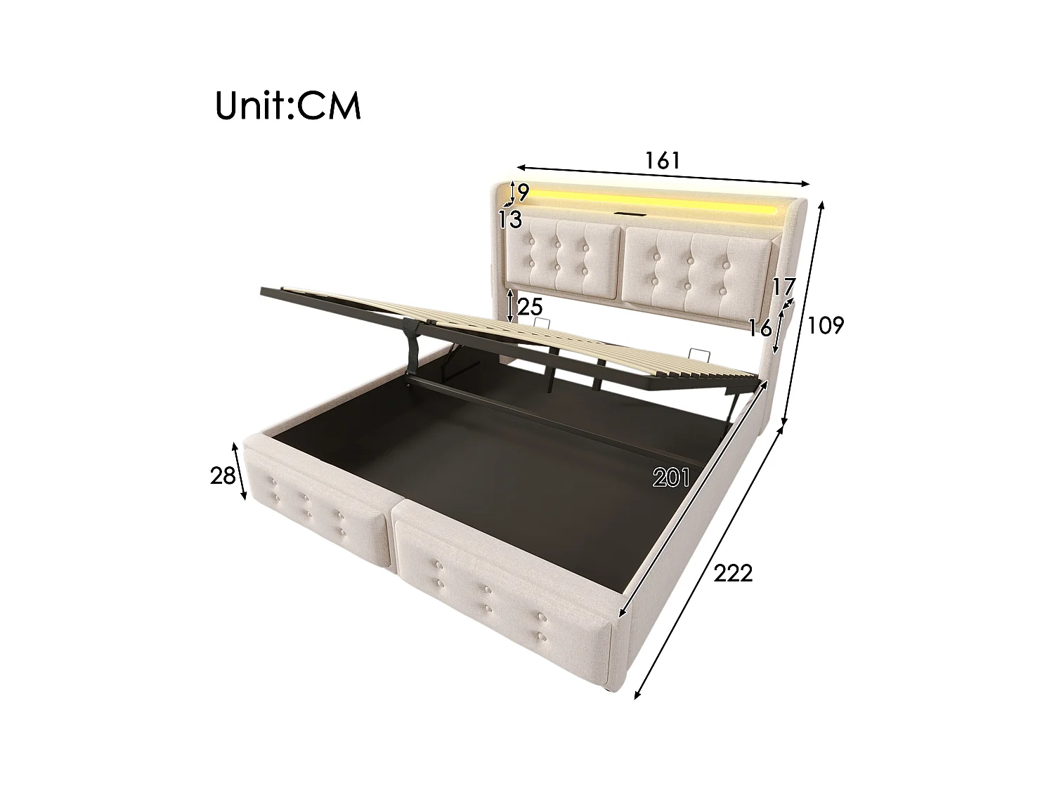 Gestoffeerd tweepersoonsbed met opbergruimte - 160 x 200 cm - Matras + Leds + Hoofdbord met USB - Massief hout en katoen - Beige