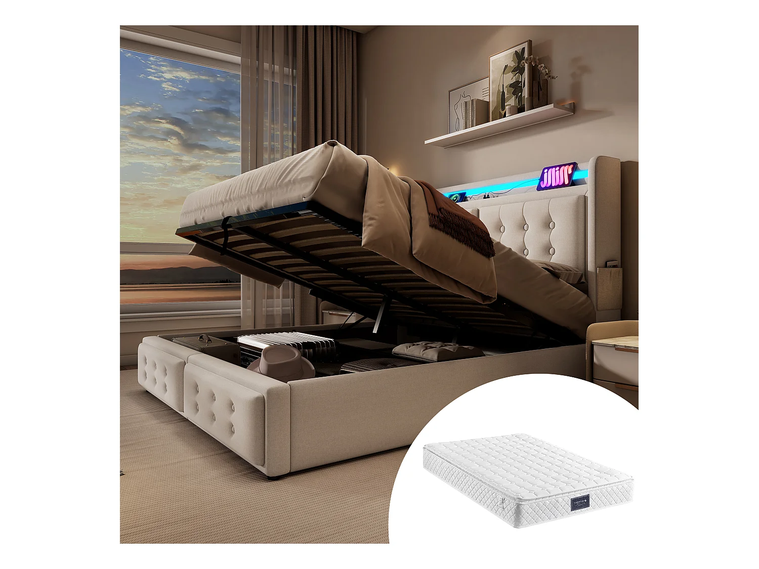 Lit coffre double rembourré - 160 x 200 cm - Matelas + Leds + Tête avec USB - Bois massif et coton - Beige