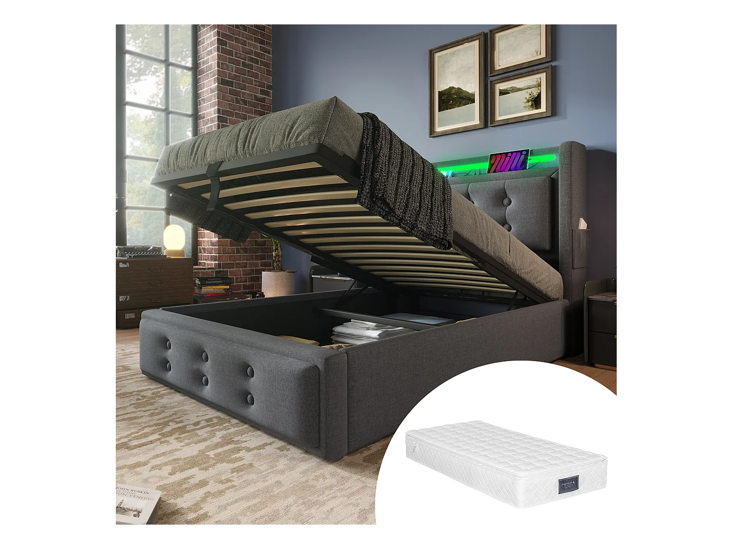 Lit coffre rembourré pour enfant - 90 x 200 cm - Matelas + Leds + Tête avec USB - Bois massif et coton - Gris