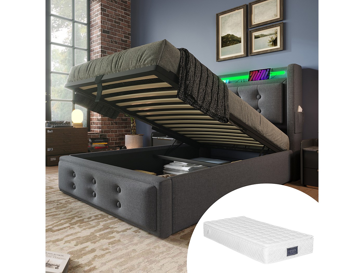 Letto singolo imbottito 90x200 cm con LED e testiera regolabile - rete a doghe - Rosa