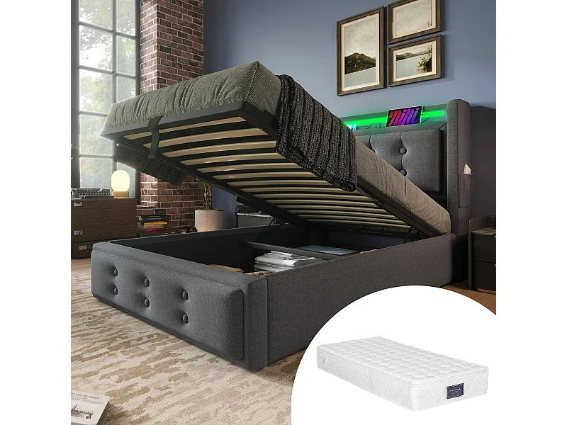 Kinderbed met opbergruimte en vulling - 90 x 200 cm - Matras + Leds + Hoofdbord met USB - Massief hout en katoen - Grijs